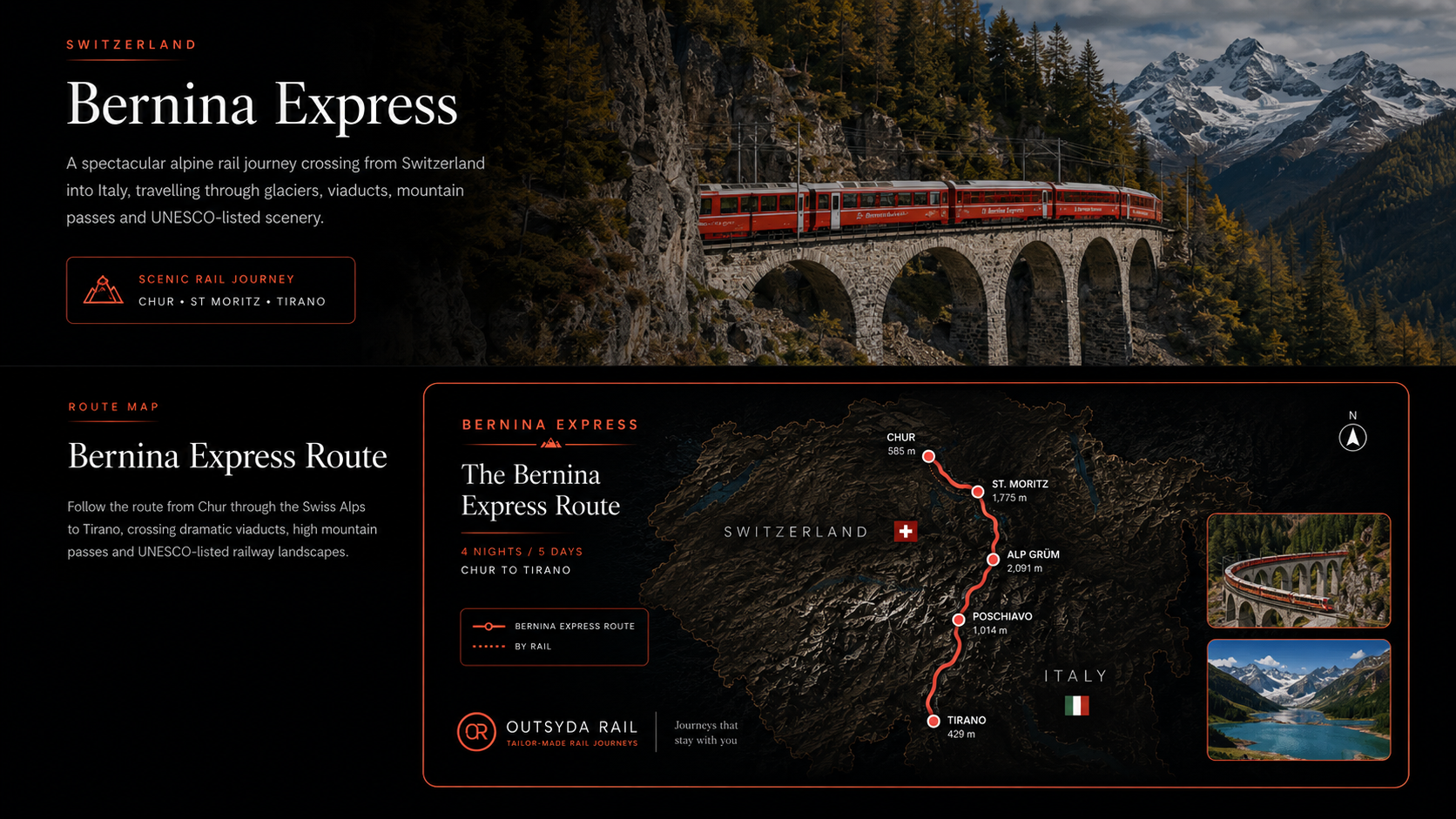 Map showing the Bernina Express route through Switzerland and northern Italy