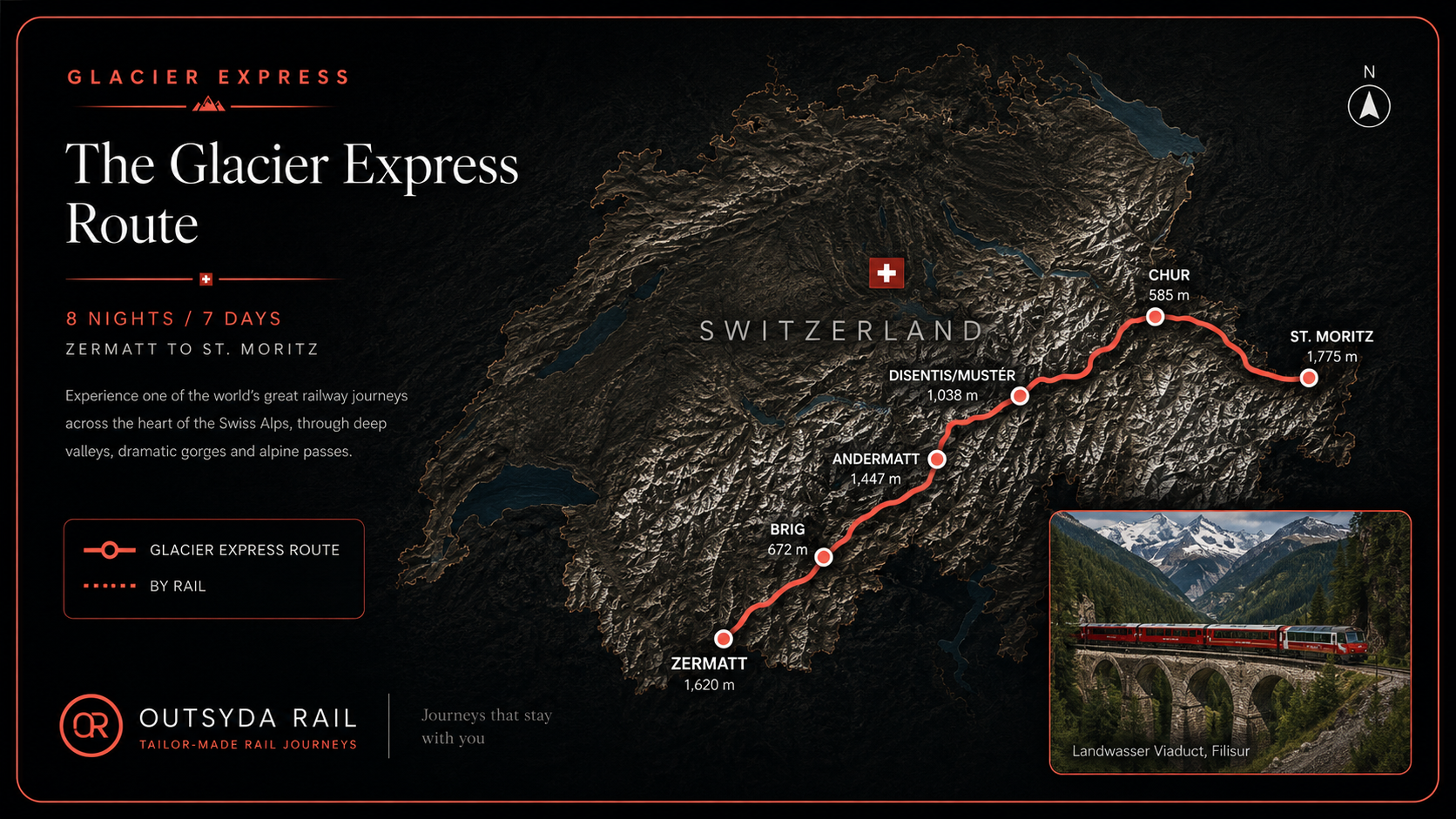 Map showing the Glacier Express route from Zermatt to St Moritz
