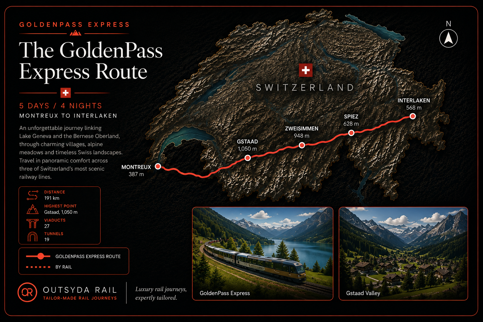 Map showing the GoldenPass Express route from Montreux to Interlaken